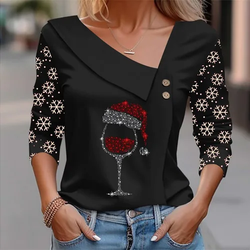 Vista 3 de Ropa de vacaciones de Navidad para mujer, blusa de moda, copas de vino, camisetas gráficas, camisa informal asimétrica