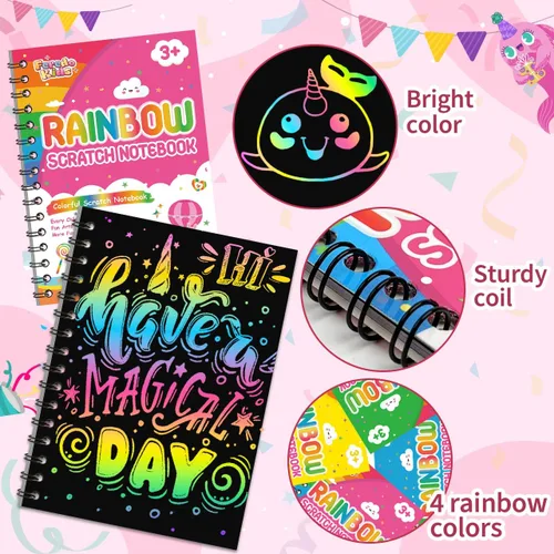 Vista 4 de Recuerdos de fiesta para niños: paquete de 4 cuadernos de arte de rascar arcoíris para estudiantes, regalos a granel para aula para niñas y niños