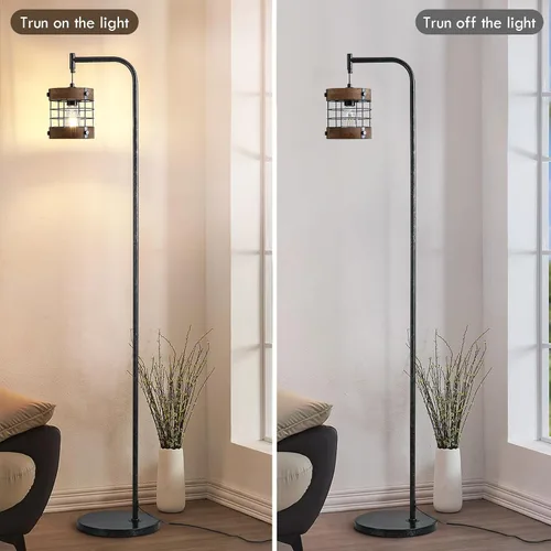 Vista 4 de Lámpara de pie industrial de 67 pulgadas con pantalla de madera y metal negro, lámpara de pie moderna, lámpara alta rústica estilo granja para sala