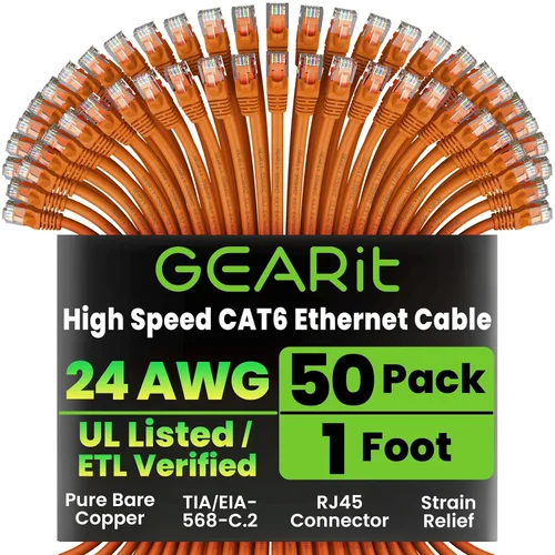 Vista 11 de GEARit Paquete de 50 cables Ethernet Cat6 de 0.5 pies Cable de conexión de red RJ45, conectores chapados en oro sin enganches de 10 Gbps, cable