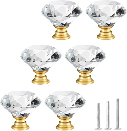 Vista 10 de 6 pomos de cristal de cristal de 1.18 pulgadas para cajones, pomos negros en forma de diamante, manijas con tornillos para cocina, baño, tocador