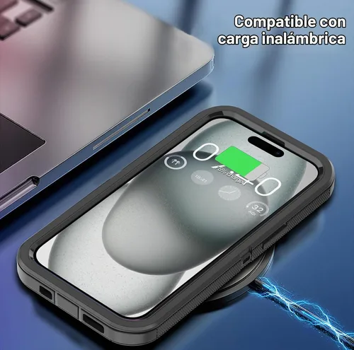 Vista 5 de Funda para iPhone 15 con 2 Protectores de Pantalla, Protección Contra Caídas a Prueba de Golpes, Cuerpo Completo, Uso Pesado, 3 Capas, Militar Negro
