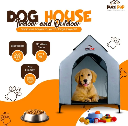 Vista 3 de Casa extragrande para perros al aire libre con toldo de techo, cama elevada con ventanas de malla de 16.1 x 11.4 x 9.8 in/19.2 lbs - Refugio