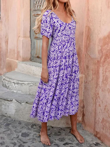 Vista 5 de PRETTYGARDEN Vestidos de verano para mujer, manga abombada, floral, casual, vestidos de verano fruncidos, sin espalda, para playa, vestido largo