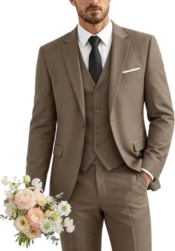 Vista 12 de Traje de 3 piezas para hombre con corbata, chaleco sólido de un botón y beige (529-beige)