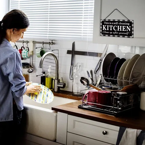 Vista 4 de Putuo Decor Letrero reversible de doble cara con texto en inglés "This is a Self-Cleaning Kitchen Clean up after Yourself", reversible de doble cara