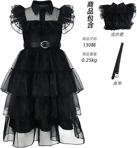 Vista 7 de Wednesday Addams - Vestido de Halloween para niñas con collar y bolsa de hombro, vestido de fiesta de cosplay de la familia Addams