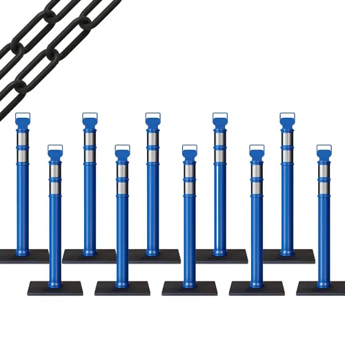 Vista 44 de CCW 10-Pack 45" Delineador Post Kit, 3" Collares reflectantes, 10 lb Base de goma (10 postes azules con cadena negra de 50 pies)