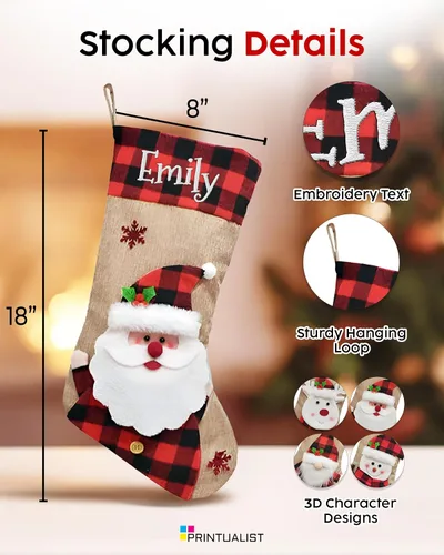 Vista 2 de Printualist Medias de Navidad Personalizadas (18 pulgadas) - Nombre Bordado Personalizado Rojo Verde Marfil Santa Ciervo Árbol Mascota Gato Perro