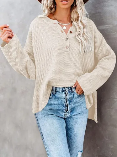 Vista 4 de Pink Queen Suéter de punto con cuello en V para mujer, de gran tamaño, manga larga tipo murciélago, estilo Henley