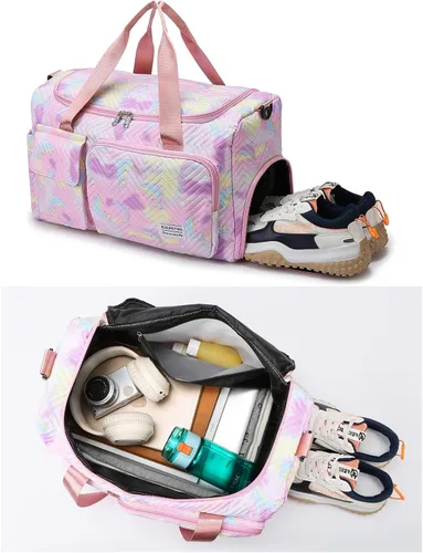 Vista 70 de Pequeña bolsa de gimnasio para mujer, bolsa de viaje con compartimento para zapatos