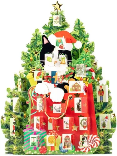 Vista 2 de Caspari Calendario de Adviento de gato de Navidad – Cuenta regresiva de vacaciones troquelada 3D con 24 ventanas, arte festivo de gato, 12.25 x 17