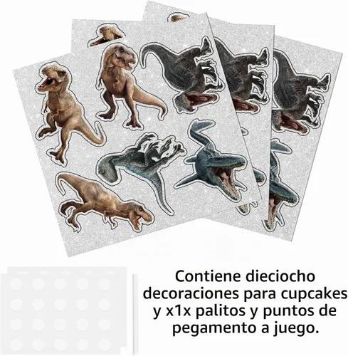 Vista 3 de Decoración para cupcakes de postre de dinosaurio Rex con brillantina, rugido, dinosaurio, safari, selva, temática de animales, decoración para niñas