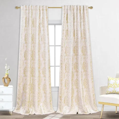 Vista 17 de Mrs.Naturall Cortinas Doradas de Lujo para Dormitorio, Cortinas con Patrón de Medallón Damasco para Cocina Baño Sala de Estar 63 Pulgadas de Largo