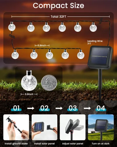 Vista 4 de LORRYTE Tira de luces solares para exteriores, 50 luces LED de 32 pies, impermeables, con energía solar, luces de globo de cristal para exteriores