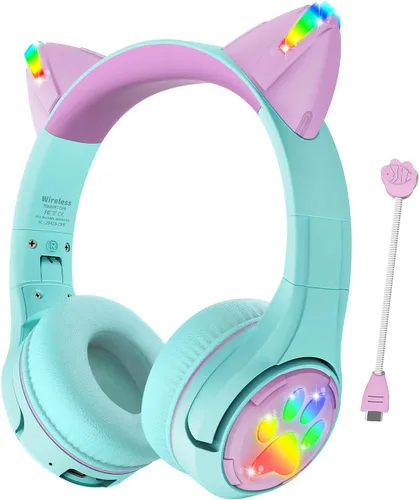 Vista 12 de Riwbox CF9 - Auriculares Bluetooth para niños con luz LED, límite de volumen seguro de 85 dB, micrófono integrado y micrófono Boom para llamadas