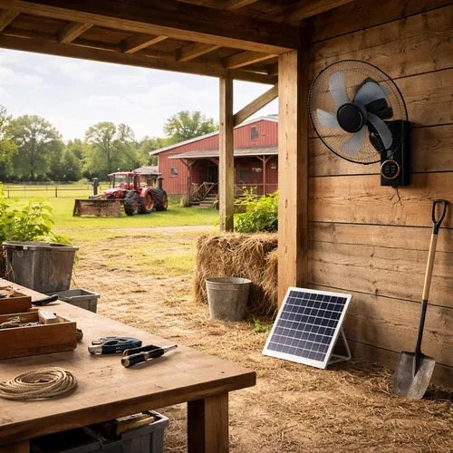 Vista 2 de Ventilador solar de 16 pulgadas con control remoto, ventilador de pared para exteriores con panel solar y adaptador de corriente, ventilador