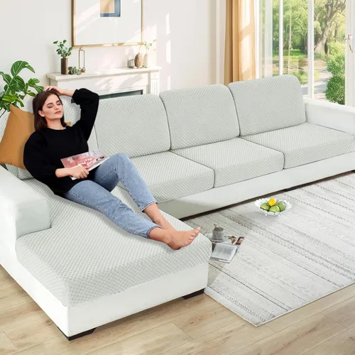 Vista 51 de YEMYHOM Funda de cojín para sofá, funda de cojín de asiento de alta elasticidad, tela jacquard geométrica de felpa, protector de sofá antideslizante