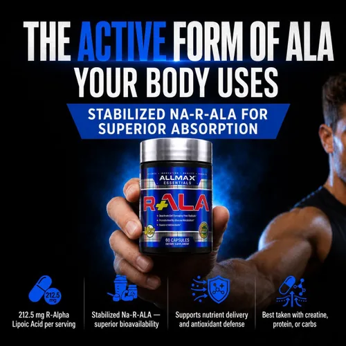 Vista 2 de ALLMAX R+ALA - 60 Cápsulas - Potente antioxidante - Aumenta la entrega de nutrientes - 60 porciones