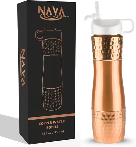 Vista 10 de Botella de agua de cobre puro para agua potable con pajita y tapa deportiva 33.5oz / 950ml Botella de cobre ayurvédica para beneficios de salud