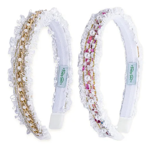 Vista 5 de FROG SAC 2 diademas con cuentas para mujer, bandas de pelo de perlas rosas para mujer, diadema de moda, accesorios para el cabello, diademas de tweed