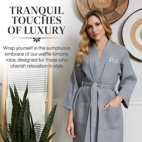 Vista 5 de Lotus Linen Womens Lightweight Waffle Spa Robes Soft Cotton Knee Length Bathrobe, Personalized Bridesmaids Robe