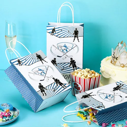 Vista 3 de 18 bolsas de regalo de papel de hockey para dulces, bolsas de golosinas temáticas deportivas con asa, recuerdos de fiesta para celebración, juego
