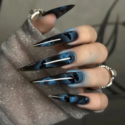 Vista 21 de MISUD Uñas a presión largas tipo Stiletto con pegamento de Rojo Gótico y Negro, diseño gótico cruzado acrílico, 24 piezas 02301Negro y Rojo