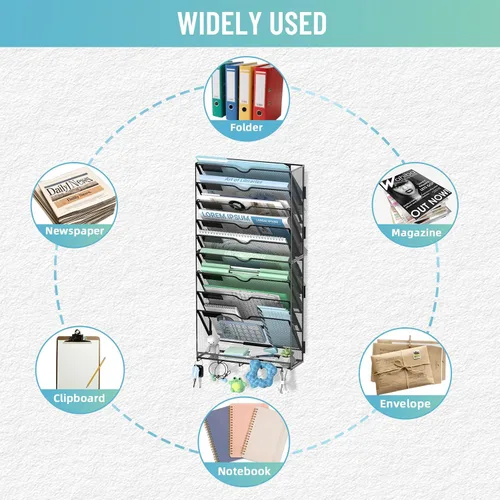 Vista 3 de Organizador de archivos de pared de 10 niveles con ganchos Negro