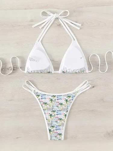Vista 2 de WDIRARA Traje de baño de dos piezas con estampado tropical y triángulo halter para mujer