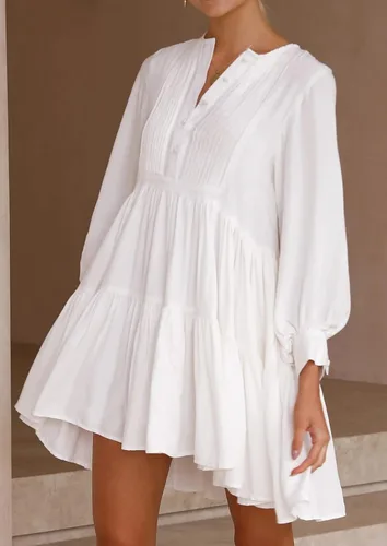 Vista 2 de R.Vivimos Vestido corto de manga larga de algodón casual con volantes y botones para mujer