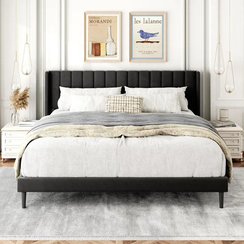 Vista 20 de Gruwans Base de cama de tamaño individual con cabecera tapizada con respaldo de ala, plataforma de fácil montaje, soporte de listones de madera,