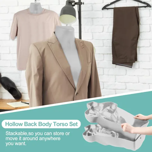 Vista 6 de Sintuff Paquete de 2 maniquíes masculinos y femeninos con soporte de metal, ganchos para colgar, forma de vestido, camisa con espalda hueca