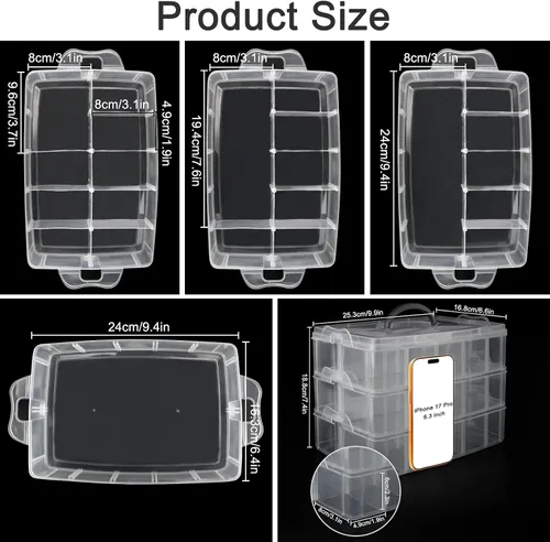 Vista 2 de Guyuyii Organizador de cuentas apilable de 3 niveles con divisores ajustables y asa, estuche de almacenamiento portátil para manualidades, costura