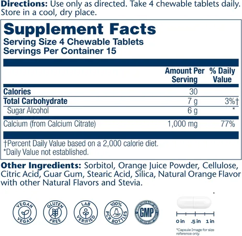 Vista 2 de SOLARAY Citrato de Calcio 1000 mg, Sabor Naranja, 60 Masticables