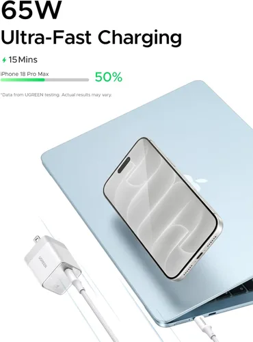 Vista 2 de UGREEN Nexode Air - Bloque de carga USB C GaN de 65 W con cable de 3.3 pies Blanco