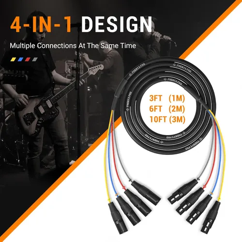 Vista 2 de Phenyx Pro PCBL-4IN1-3 - Cable de serpiente XLR de 4 canales, cable de conexión XLR macho a hembra con cobre OFC, cable divisor de 3 pies, cable