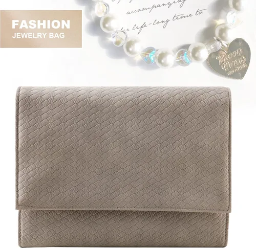 Vista 6 de DONGZHI Estuche organizador de viaje de joyería para mujer, bolsa plegable para anillos, collares, aretes, pulseras, mini, pequeño (gris)