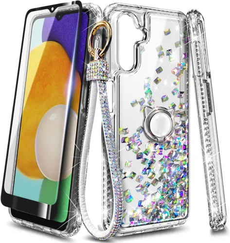 Vista 9 de Funda compatible con Samsung Galaxy S24-FE Aqua/Purple Funda líquida flotante con purpurina linda con protector de pantalla de vidrio templado