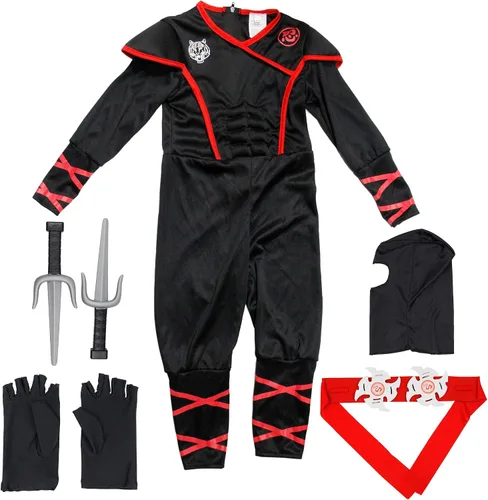 Vista 3 de Brwoynn Disfraz de Ninja Deluxe de Halloween para niños con accesorios de espuma Ninja
