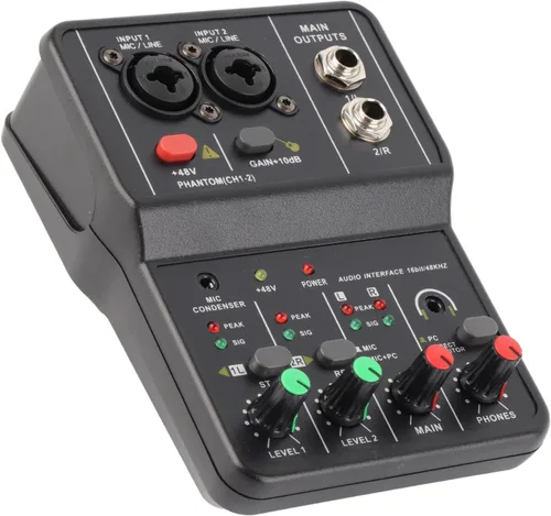 Vista 5 de Mezclador de audio, 2 canales, mezclador estéreo de audio USB 48 V, consola de mezcla de sonido compacta para grabación de música, karaoke en casa