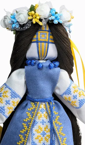 Vista 4 de Muñeca motanka ucraniana coleccionable exclusiva de 12 pulgadas sobre base de madera Muñeca ucraniana tradicional de diseño eslavo Hecho a