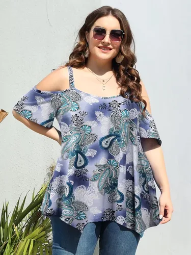 Vista 4 de LARACE Tops de hombro descubierto para mujer, ropa de verano con tirantes delgados, túnica de gran tamaño, blusa asimétrica de talla grande