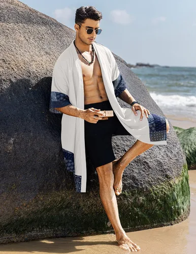 Vista 3 de COOFANDY Cárdigan de algodón con cuello de chal con volantes para hombre, cárdigan largo tipo kimono