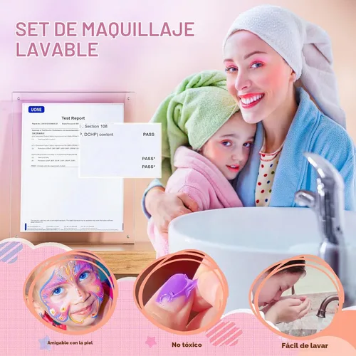 Vista 4 de Beayuck Kit de maquillaje infantil para niñas, kit de maquillaje para niñas, juego de cosméticos lavables reales con estuche de almacenamiento Rosa