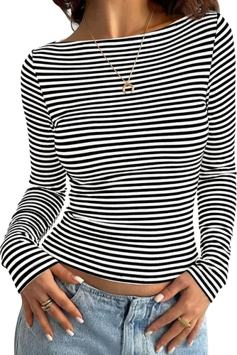 Vista 10 de PRETTYGARDEN Camisas de manga larga a rayas para mujer, tops lindos de Rayas Beige Marrón