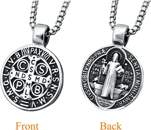 Vista 2 de Collar con colgante de exorcismo de San Benito para hombre, acero inoxidable, cruz católica romana, protección de demonios, cazador de fantasmas