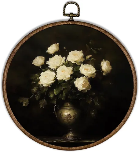 Vista 11 de XBBMGG Dark Academia Moody Arte de Pared Floral, Decoración Colgante de Pared Redonda con Flores Bohemias Oscuras de Otoño, Impresiones en Lienzo