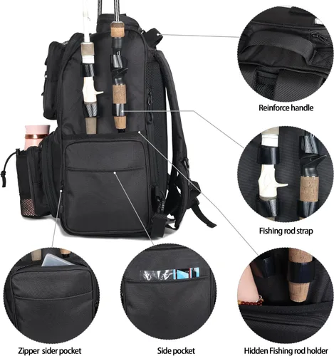 Vista 4 de Fishing Tackle Backpack With Rod Holders, Large 40L Fishing Backpack for Camping, Hiking