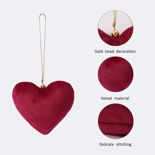 Vista 3 de Adornos para Árbol de Navidad, 6 Piezas de Adornos Colgantes de Terciopelo en Forma de Corazón para Navidad, Año Nuevo, Adornos para Fiestas